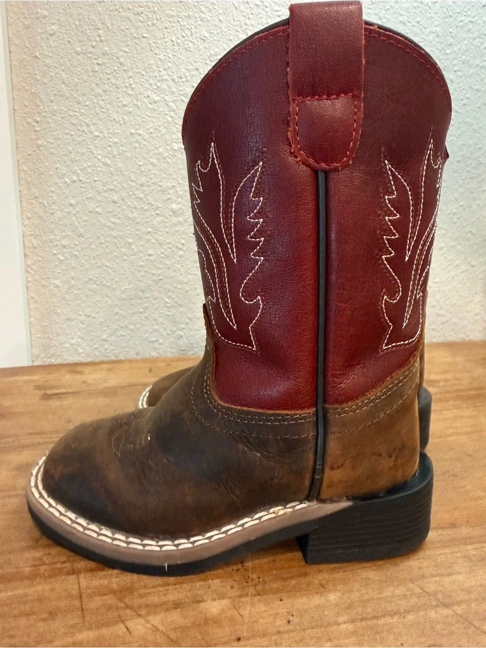 Old West Kids Cowboy Boots 5.5 D Brown Red Leather Western Side Zip